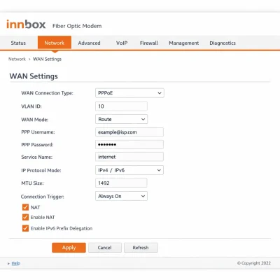 کانفیگ مودم فیبر نوری Innbox